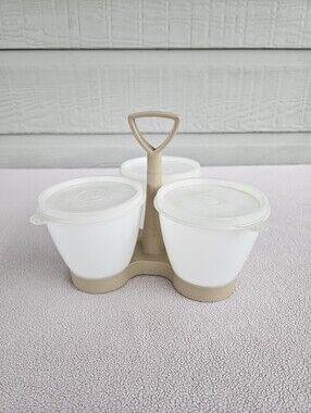 VTG Tupperware Condiment Caddy With Holder 3 Containers Lids Almond Clear
